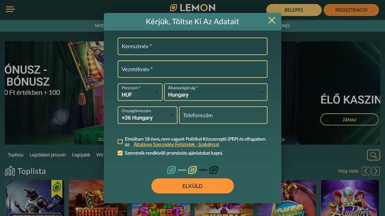 Lemon Casino regisztráció 2. lépés