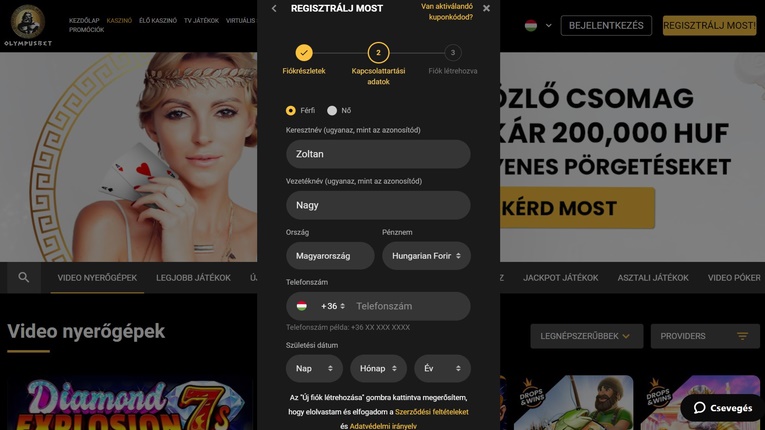 OlympusBet Casino regisztráció 3. lépés