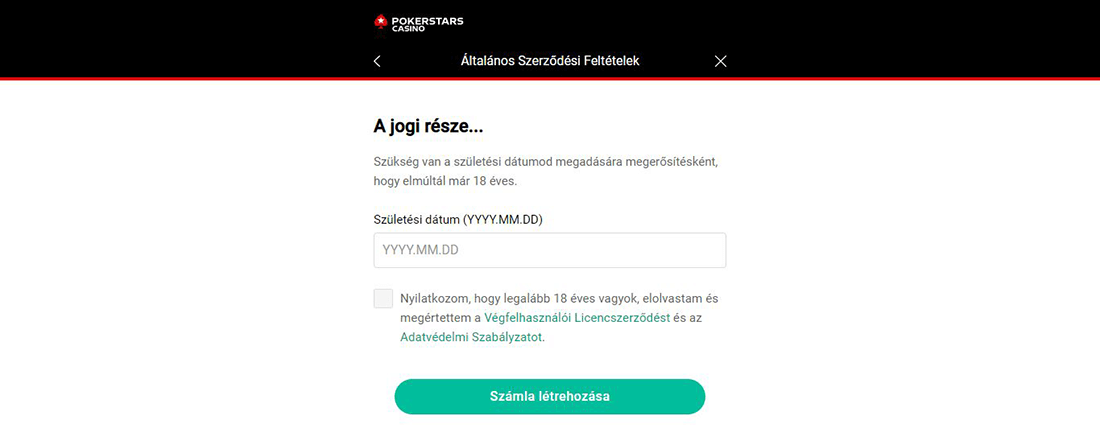 PokerStars Casino regisztráció 5. lépés