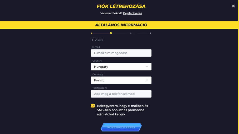 Powbet Casino regisztráció 2. lépés