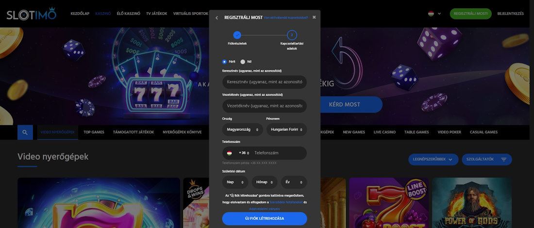 Slotimo Casino regisztráció 2 lépés