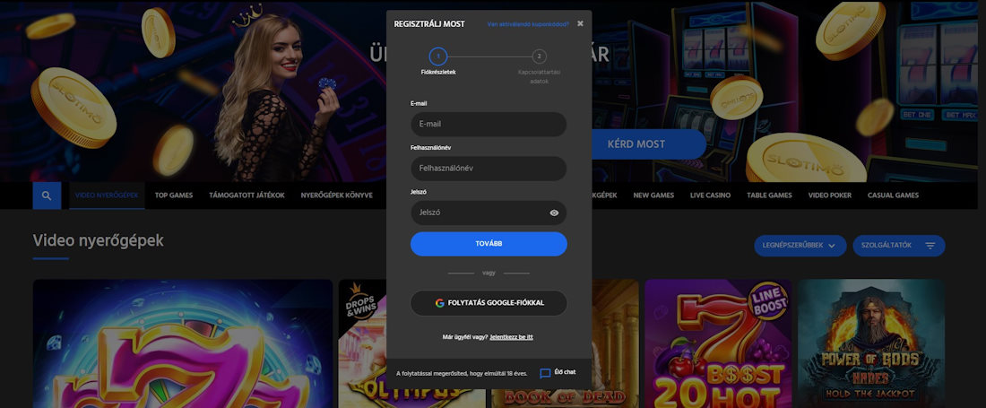 Slotimo Casino regisztráció 1 lépés