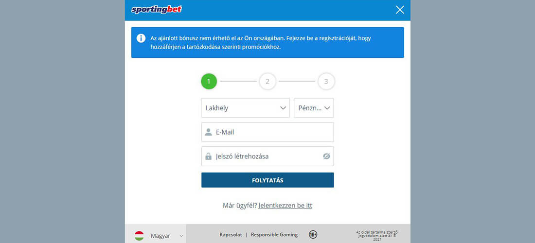 Sportingbet regisztrációs folyamat - 1. lépés