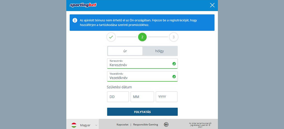 Sportingbet regisztrációs folyamat - 2. lépés