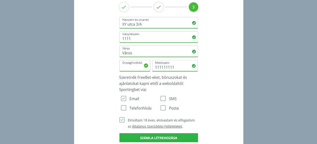 Sportingbet regisztrációs folyamat - 3. lépés