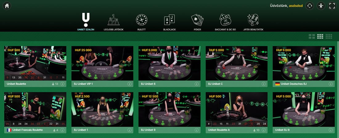Az Unibet élő kaszinó szekciója hatalmas játékkollekcióval rendelkezik