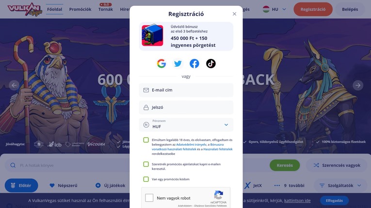 Vulkan Vegas Casino regisztráció 2. lépés